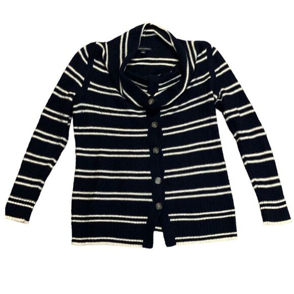 Banana Republic Navy Ivory Striped Lambswool Cowlneck Cardigan Sweater Size M - Picture 1 of 11